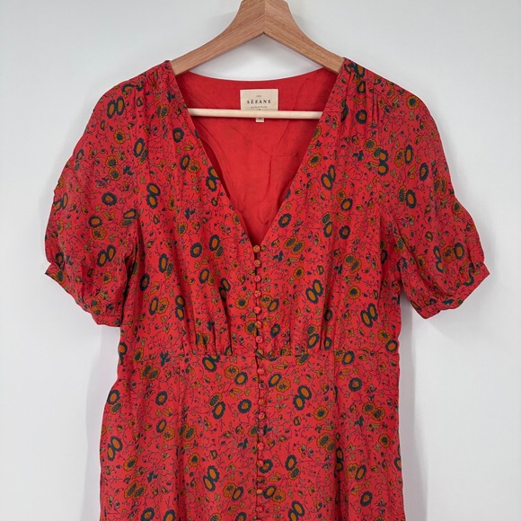 Sezane Sollie US 4 Silk Floral Print Midi Dress V Neck Short Sleeve Button Front - Picture 8 of 13